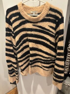Madewell Fuzzy Crewneck Zebra-Stripe Sweater in Black and Tan